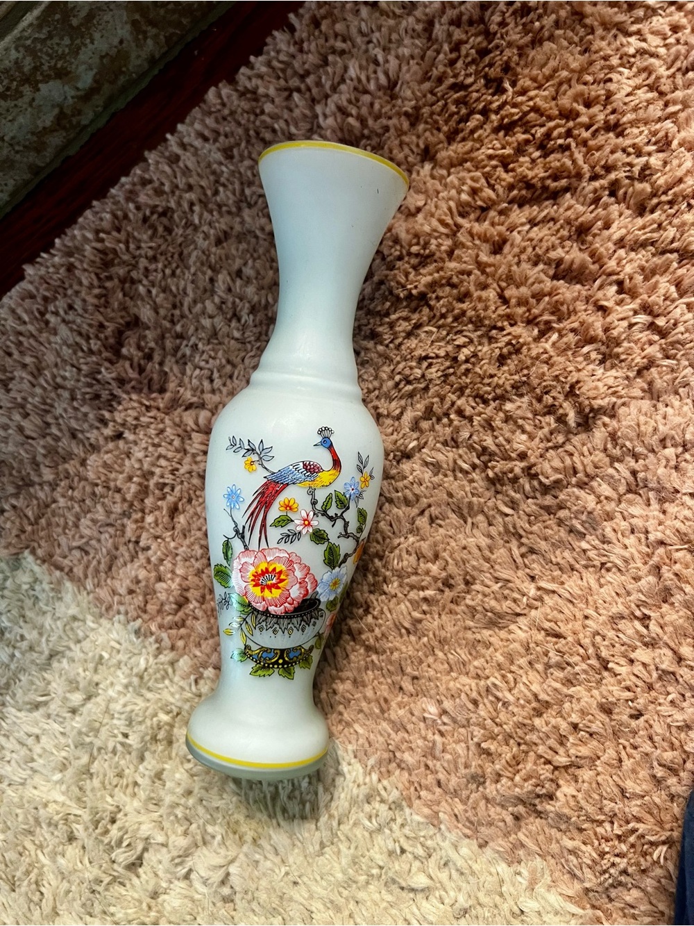 White Glass Floral Peacock Decorative Vase